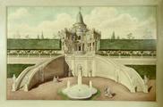 c. 19th century watercolour<BR>of a building in the Baroque style,<br> with pleached hedging, a grand staircase,<br>fountains and figures by  Unattributed artist